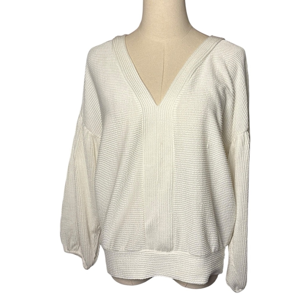 Sadie & Love Elegant Ivory V-Neck Sweater Ribbed Balloon Sleeves M
